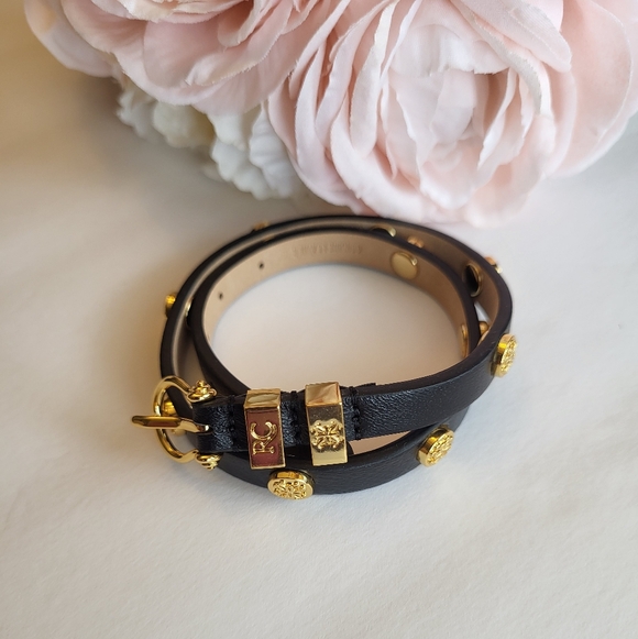 Rustic Cuff Black Leather Double Wrap Bracelet Studs Buckle Closure Goldtone - Picture 9 of 11